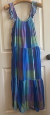 Time & Tru Plaid Dress Womens Medium M Blue Lavender Flutter Tiered Sundress