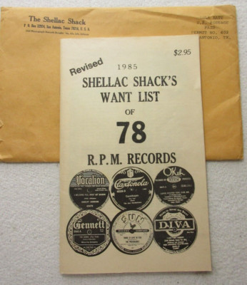 1985 SHELLAC SHACK'S WANT LIST OF 78 RPM RECORDS ~ MUSIC CATALOG ...