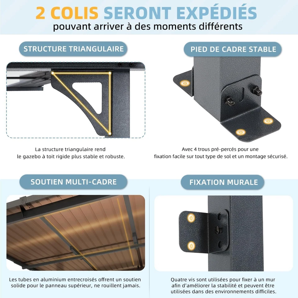 Pergola Adossée, Tonnelle de Jardin Exterieur, Gouttière Intégrée, Résistant UV - Photo 4/4