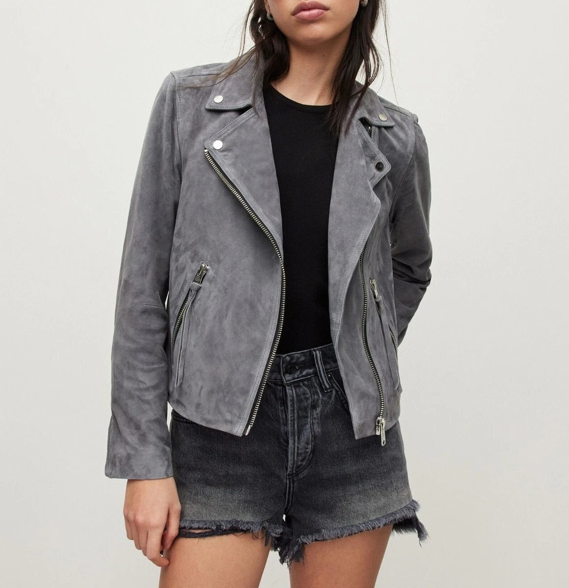 Grey suede top moto jacket women's