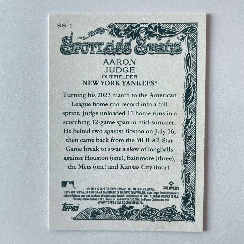 2023 Topps Allen & Ginter #SS-1 Aaron Judge Spotless Spans - Image 2 of 2