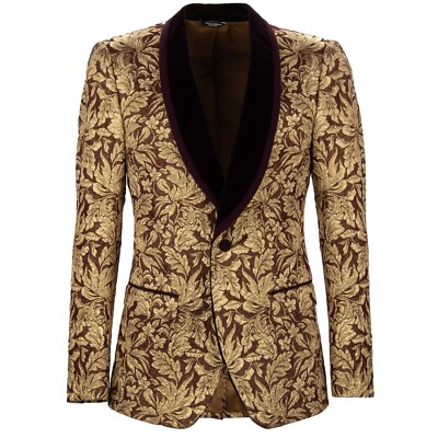 DOLCE & GABBANA Barock Jacquard Samt Tuxedo Blazer Jacke Gold Bordeaux 44 XS