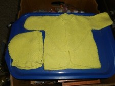 Baby Sweater and Matching Cap/Bonnet w Ties VINTAGE Hand Crochet Light Yellow