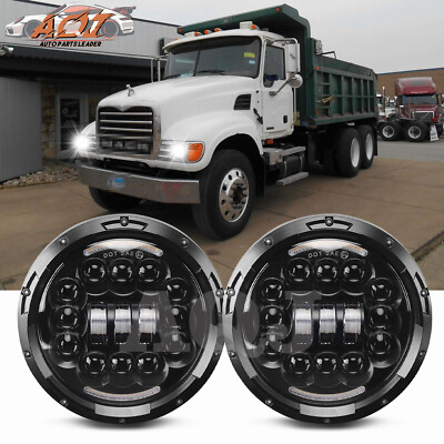 Pair 7'' inch Round Led Headlights Hi/Lo Beam For Mack Granite CV713 Dump Trucks