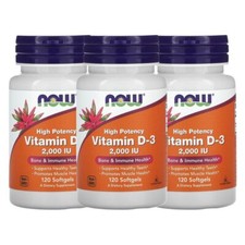 Now Foods Vitamin D-3, 50 mcg 2,000 IU , 120 Softgels, 3 Pack
