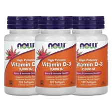 Now Foods Vitamin D-3, 50 mcg (2,000 IU), 120 Softgels, 3 Pack