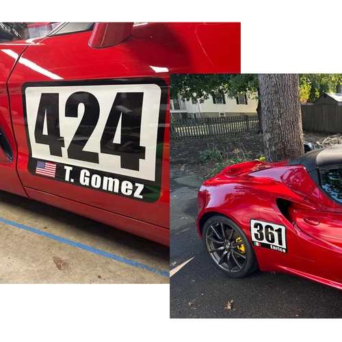 Custom Number Name Flag Glossy Matte Sticker / Magnet Racing Car Track Day x2