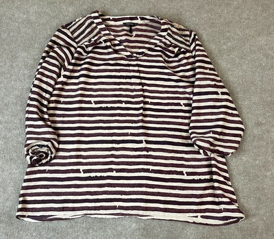 daisy fuentes Women's Sz XL V-neck Brown striped Shirt 3/4 length sleeve