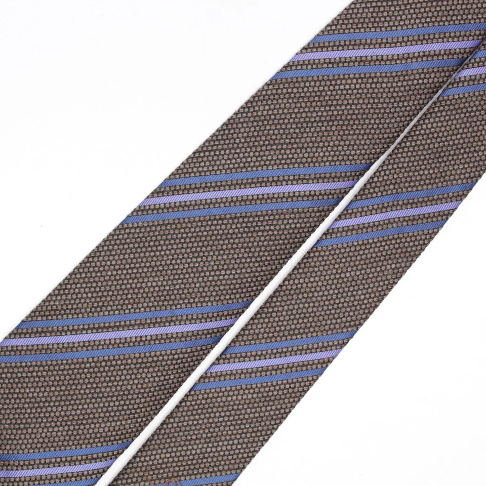 Josiah France Mens Wool Silk Necktie Brown Blue Triple Tonal Stripe Tie Italy - Image 3 of 4