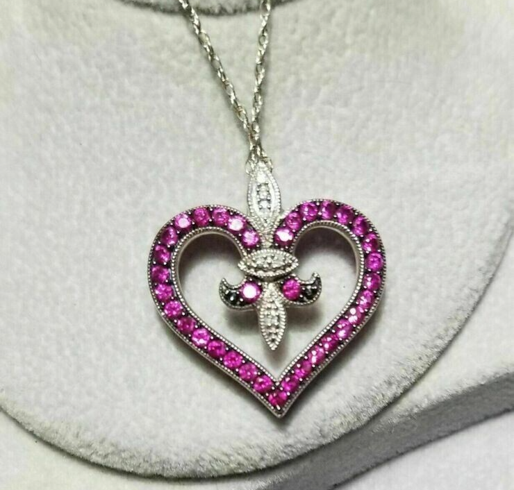 1Ct Round Cut Created Red Ruby Fleur De Lis Heart Pendant 14k White Gold Plated