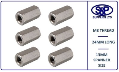 8MM (M8 8mm) EDELSTAHL STEHBOLZENVERBINDER TIEFE MUTTER 24MM LANG 13MM SCHLÜSSEL
