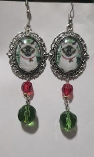 Handcrafted artisan Christmas siamese cat glass Cameo Earrings