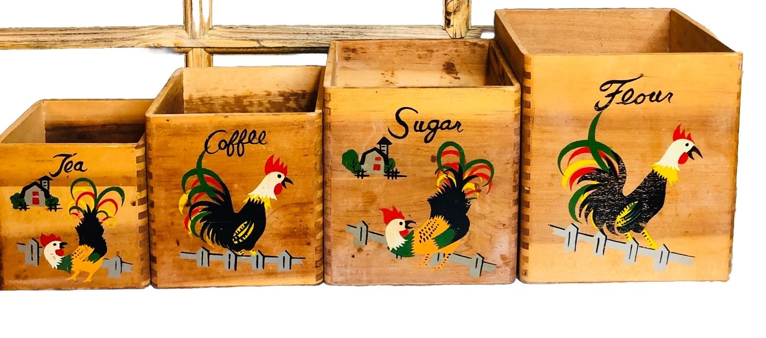 Set of 4 Wooden Dove Tailed Cannisters Chicken No Lids