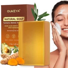 OUKEYA Turmeric Kojic Acid Soap, Skin Whitening Dark Spots lightening Acne 115g