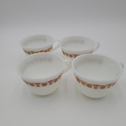 Vintage 4er Set Corelle Butterfly Gold D Griff Milchglas Teetassen mit Untertassen - Bild 14 von 16