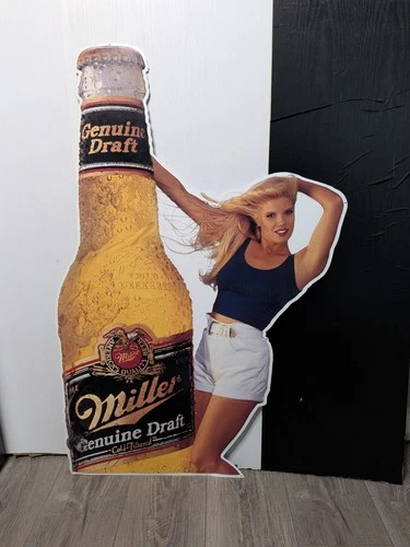 LARGE Miller Metal Beer Bottle Sign w/ Draft Girl / Vintage Great Condition
