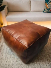 Moroccan Leather Genuine Pouffe Ottoman Square 30'' Amazing Brown Footrest