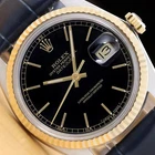 ROLEX MENS DATEJUST 16013 BLACK 18K GOLD STAINLESS STEEL BLUE LEATHER BAND WATCH