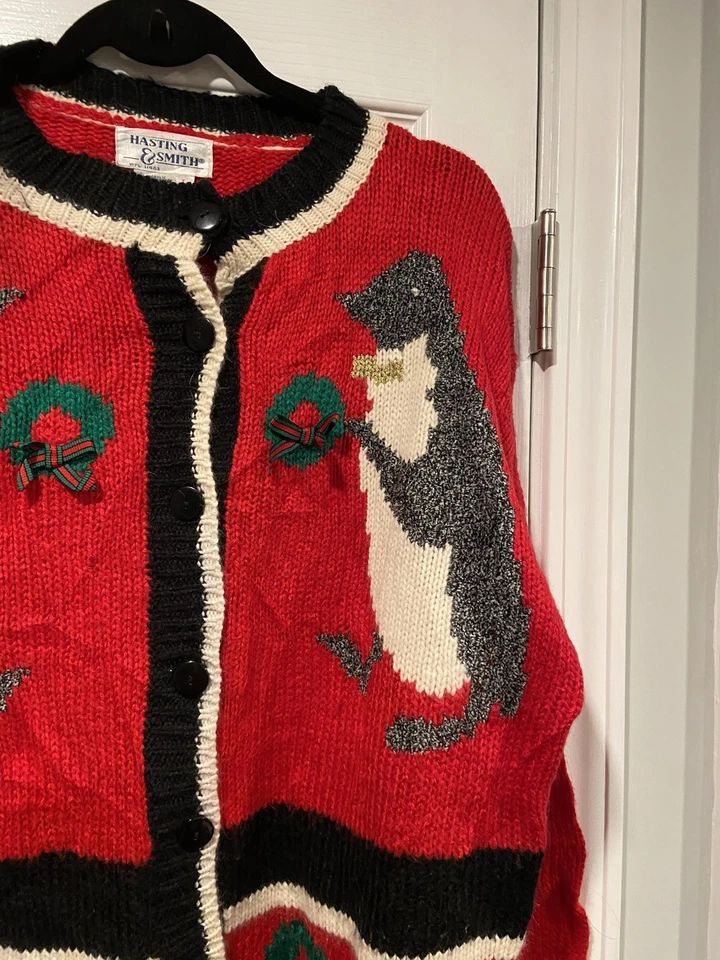 Suéter de Colección Hasting & Smith Talla L Navidad Pingüino Rojo Negro Tejido Coronas Años 80 Foto 4 de 4