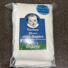 Gerber Organic White Prefold Cloth Diapers w/ Absorbent Padding - 10-Pack, NEW