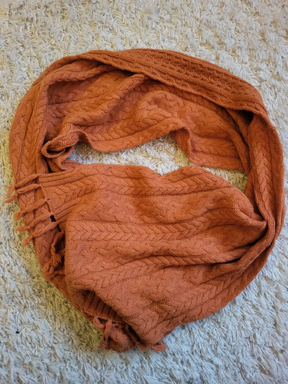 Hand-knit wool blend cable scarf shawl • burnt orange wrap with tassels •