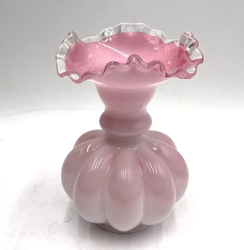 Vintage Fenton Pink Melon Vase White Cased  Silver Crest Milk Glass Ruffled 6"