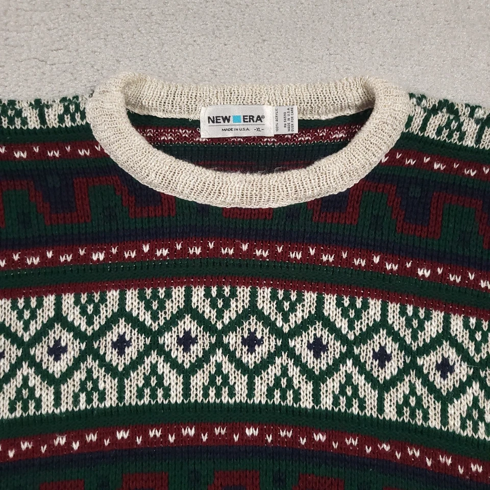 Suéter De Colección New Era Para Hombres XL Fair Isle Geométrico Tejido Abierto Hecho en EE. UU. Años 80 90 Foto 3 de 4