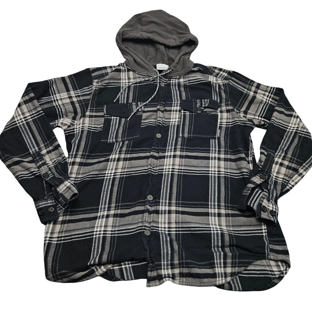 Columbia Mens Plaid Flannel Shirt Long Sleeve Hooded Button Up Large Outdoor