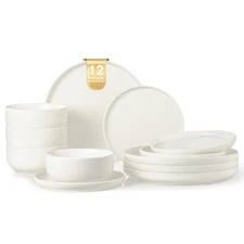 EWFEN Plates and Bowls Sets, 12 Pieces Stoneware Dinnerware Set for 4, Cerami...