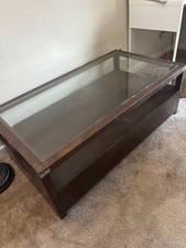Rectangular Glass Top Coffee Table Dark Wood Frame Lower Shelf Brown Modern