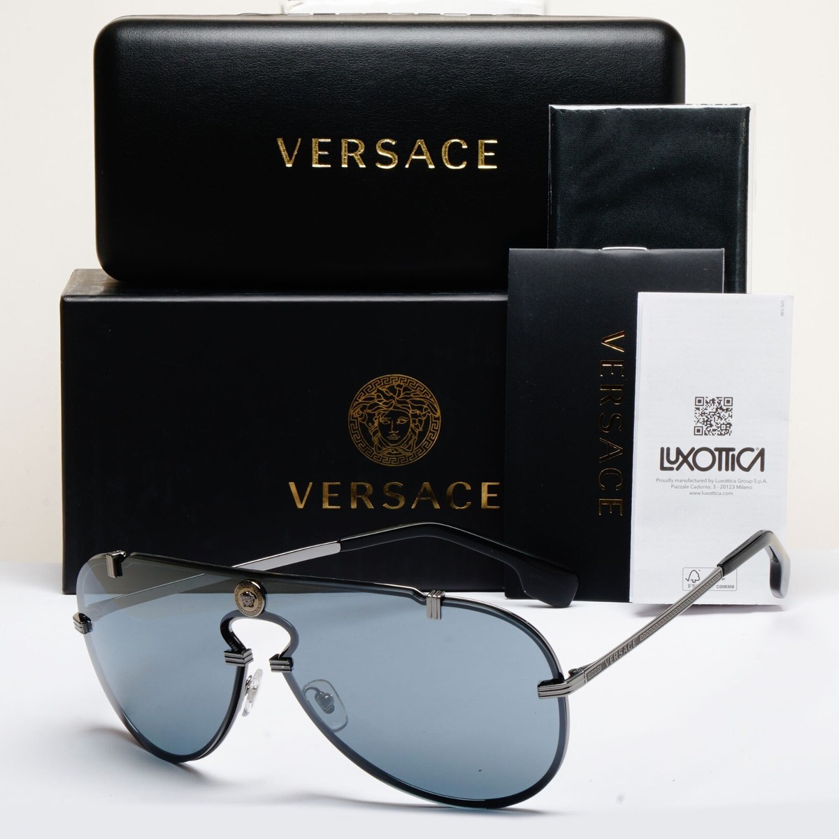 Versace Sunglasses Pilot Shield Gunmetal Grey Mirror MOD VE 2243