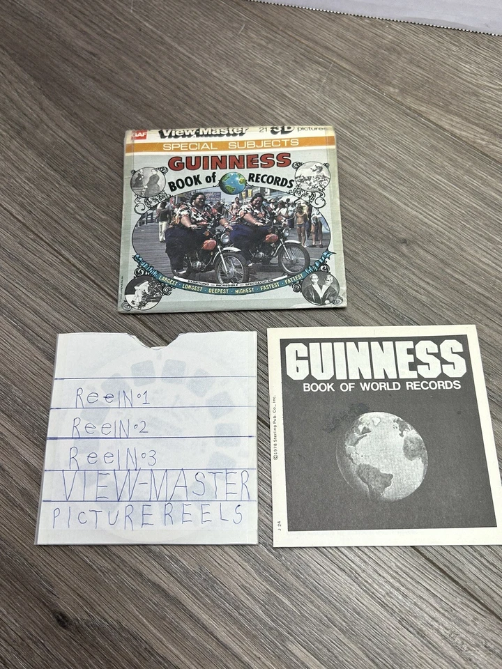 Juego de 3 carretes View Master Guinness Book of Records folleto gemelos en bicicletas 1978 Foto 3 de 4