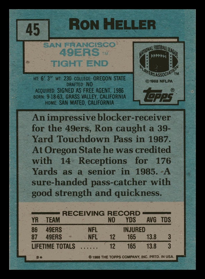 1988 Topps Ron Heller Rookie #45 San Francisco 49ers Mint - Image 2 of 2