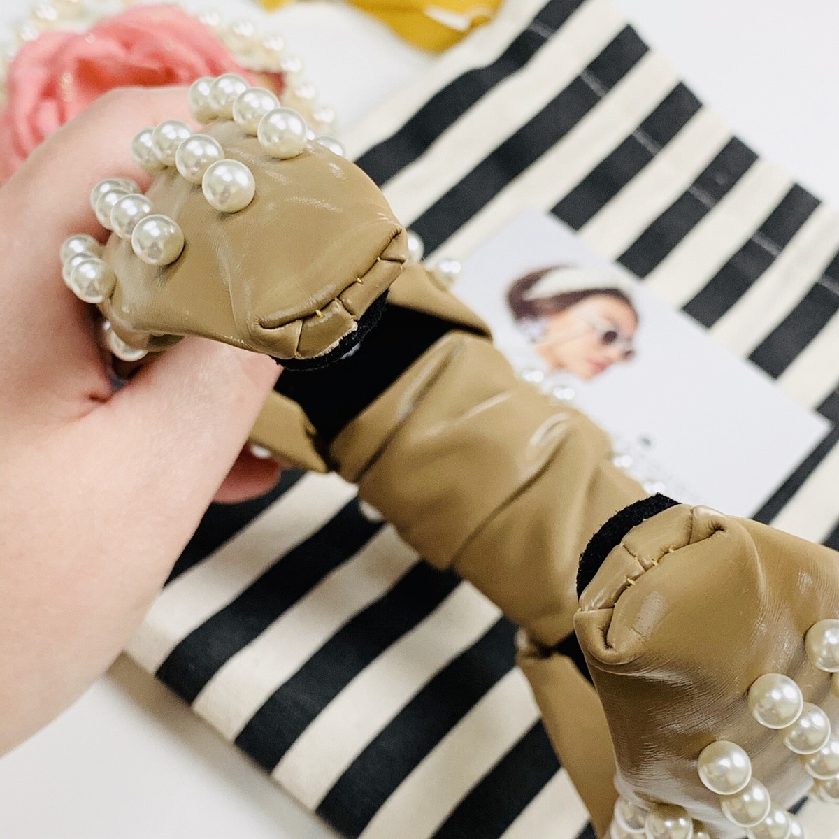 Lele Sadoughi faux leather gingerbread pearl headband LELE SADOUGHI GINGERBREAD FAUX LEATHER PEARL HEADBAND | eBay main image 3
