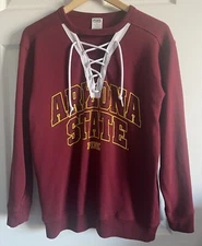 PINK Victoria Secret ASU Arizona State Lace Up Pullover S Sweatshirt Maroon Gold