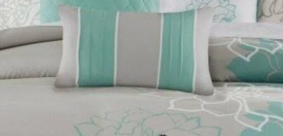 New Madison Park Lola 2 pcs Floral Geometric Comforter Set Queen Aqua Gray i82M - Image 2 of 3