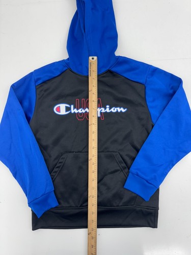 Champion Black Blue USA Spellout Logo Pullover Hoodie Boys Size 10/12 - Picture 4 of 5