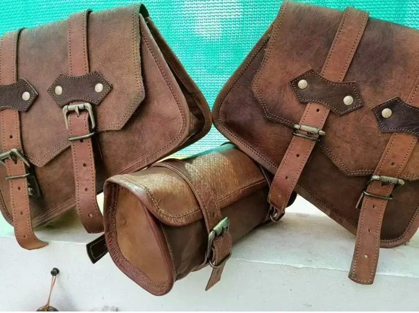 Motorcycle Vintage Goat Leather THREE Saddle Bag Swing Arm Front Fork Tool Pouch