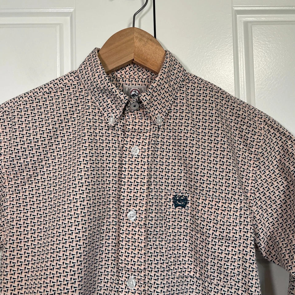 Cinch Boy`s Youth Tan, Black Geometric Long Sleeve Button Down Shirt Med 10 - Image 3 of 4