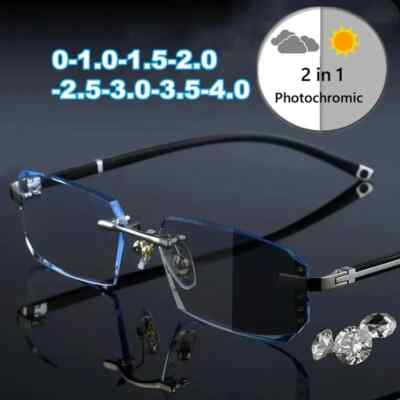 Photochromic Gunmetal Progressive Rimless Reading Glasses Anti-blue Magnifier