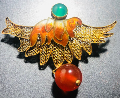 Beautiful Gold on Silver Enamel Brooch with Carnelian Bowl