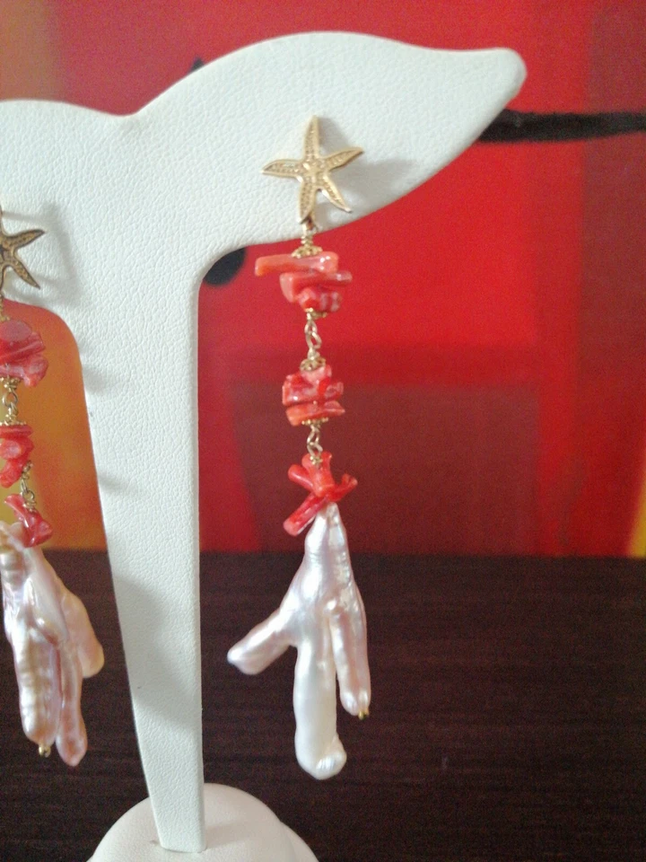 Orecchini Pendenti Donna Perle Argento 925 pietre naturali Corallo rosso - Immagine 2 di 4