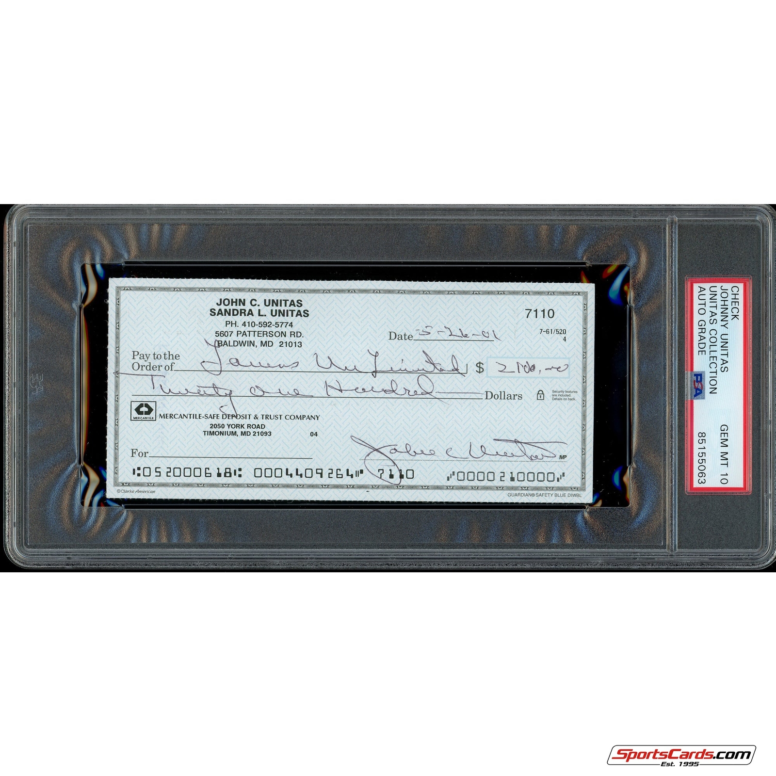 Johnny Unitas Signed Autographed Personal Check PSA DNA Gem Mint 10