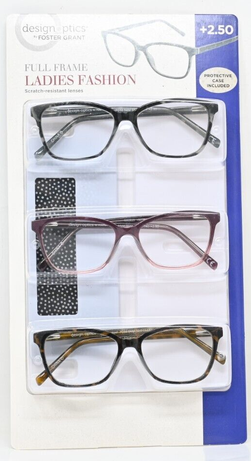 Design Optics Foster Grant Kiersey Plastic Square Reading Glasses 3-Pack 