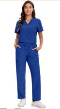 Women s Scrub Set 4-Way Stretch V-Neck Top Straight-Leg Pants with Pockets XS