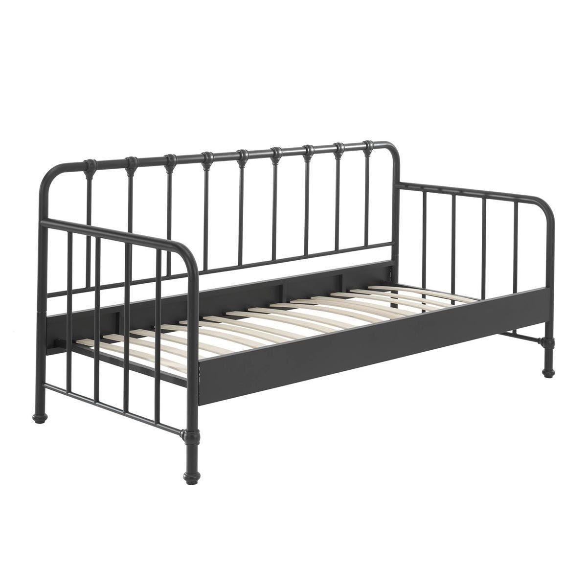 Lit enfant Bronxx 90x200cm noir : structure métal solide anti-grincement