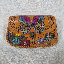 Mexican Hand-Tooled Leather Flowers Butterflies Honey Brown Crossbody Bag