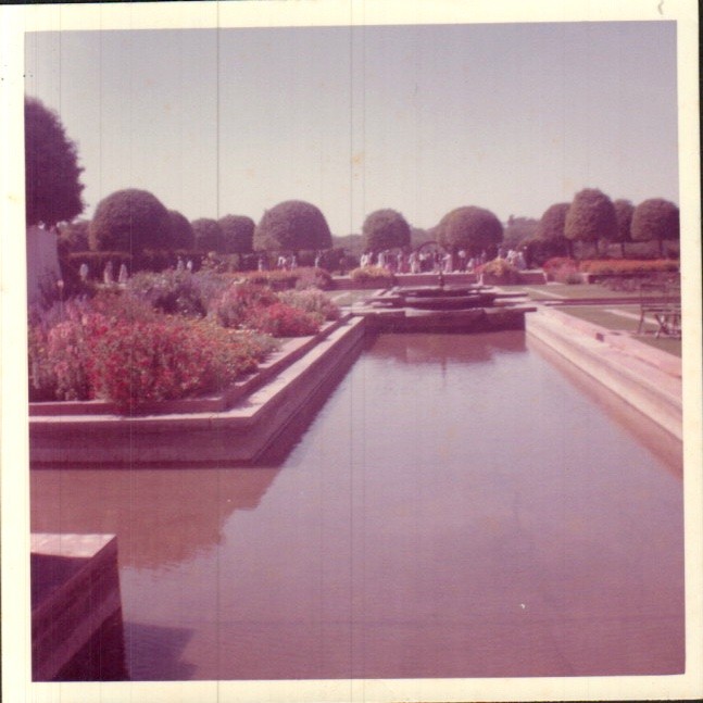 Foto vintage a color del jardín del presidente con piscina reflectante y topiario