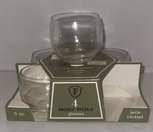 Vintage Federal Roly Poly Clear Juice/Cocktail Glasses Set of 4 in Original Pack