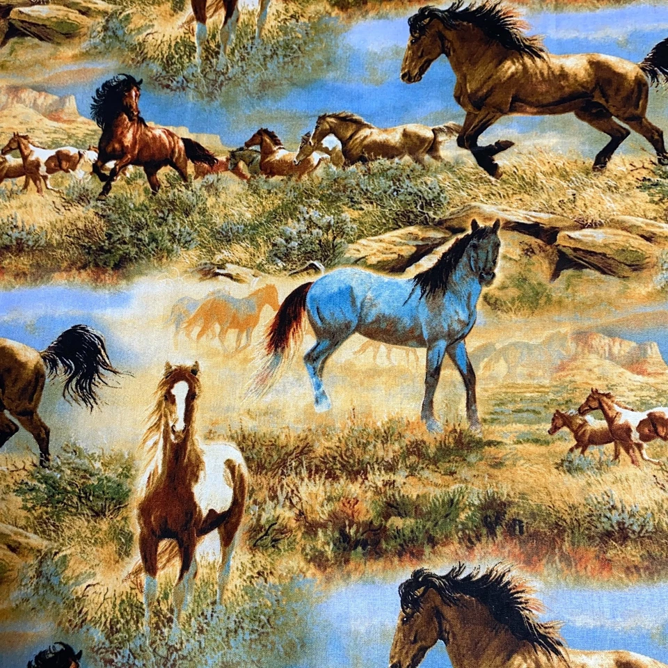 Tela Wild Wings Caballos 2 Yardas Acolchado Mustangs Estampado Occidental David Textiles Foto 2 de 4
